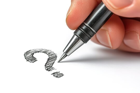 A hand is writing a question mark on a piece of paper
