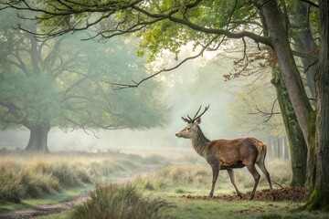 Obraz premium Watercolor painting of deer in the woods, woods, deer, painting, tree branches
