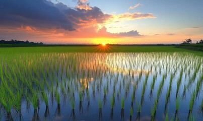A serene sunset over a lush rice field reflecting the sky's colors.