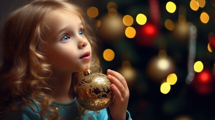 Naklejka premium Little Girl Examines Enchanted Bell Under Sparkling Christmas Tree Decorations