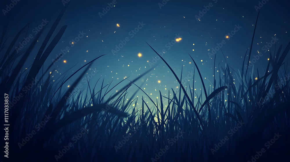 Wall mural Night scene of tall grass illuminated by fireflies under a dark blue sky.