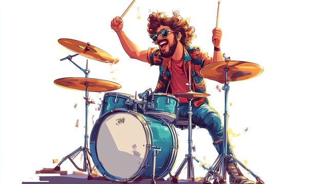 a 2D cartoon illustration of a rock band drummer, energetic and bold, white background--ar 16:9