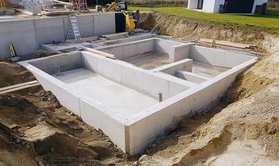 A concrete foundation for a building under construction.