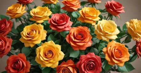 Naklejka premium A bouquet of colorful paper roses in various shades of yellow, orange, and red, , floral arrangements