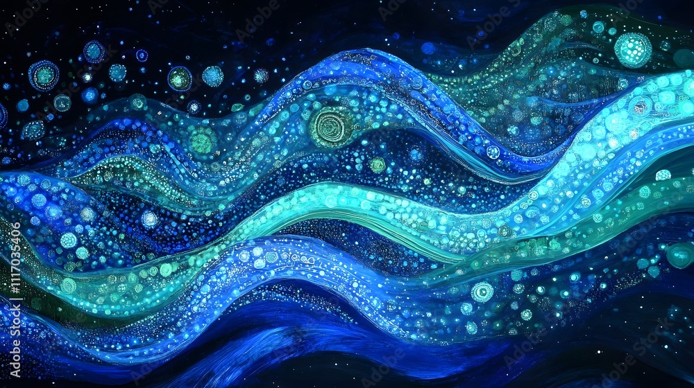 Poster harmonic currents: blue and green lights create long, sweeping curves that intersect and weave toget