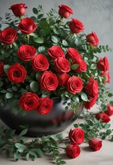 A bowl of red roses with greenery and eucalyptus leaves background, beautiful arrangement, greenery
