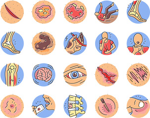 household injury accident human icons set vector. risk electric, hand fall, shock cooking, home chemical, body healing, thermal household injury accident human color line illustrations