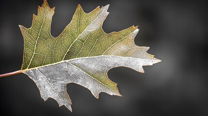 leaf with a striking color, overlaid with a black and white photograph, creating a bold and contrasting image. [Large leaves]:[Details] 