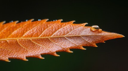 Autumn Maple Leaf Close-Up with Dew Droplets Against Dark Green Background