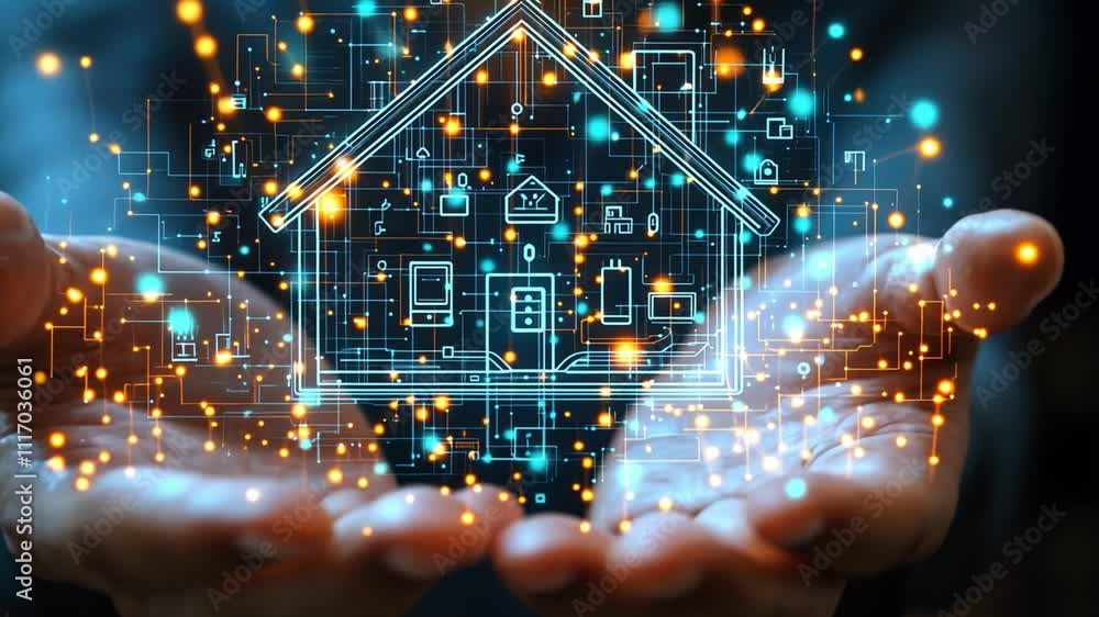 Poster digital representation of a smart home concept held in hands showcasing technology integration