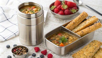 An elegant stainlesssteel thermos packed with a warm soup featuring lentils and vegetables its lid tightly secured. Next to it is a metal container filled with crusty breadsticks