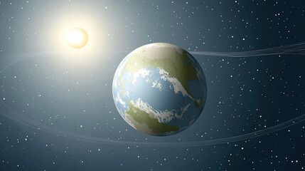 Fototapeta premium Earth axis diagram illustration showing the tilt of the Earth's rotational axis relative to its orbital plane, explaining the cause of seasonal changes and the distribution of sunlight.