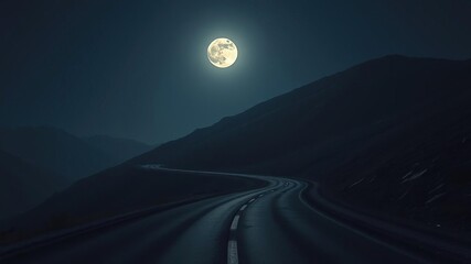 A deserted mountain road winds its way up the side of a hill under the light of a full moon, solitude, emptiness
