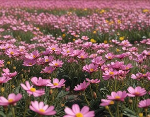 Fototapeta premium A field of pink flowers swaying in the breeze with yellow markings on their petals , spring blooms, pink wildflowers