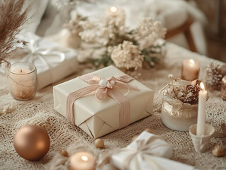A minimalist scene showcasing elegantly wrapped gifts for friends, placed on a neutral background with modern tones 