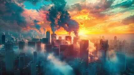 Industrial pollution impact on urban landscape during sunset aerial view environmental awareness cityscape
