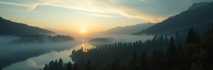 A misty dawn breaking over a mountain lake with trees and hills, dawn, mist