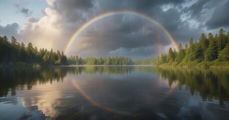 A serene rainbow reflected in the calm surface of a lake on a cloudy day, mirrored, lake, water
