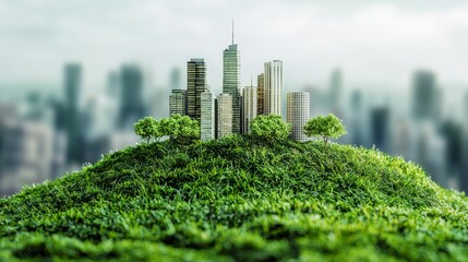Fototapeta premium Sustainable urban development green cityscape on lush hill modern architecture eco-friendly environment aerial view urban planning