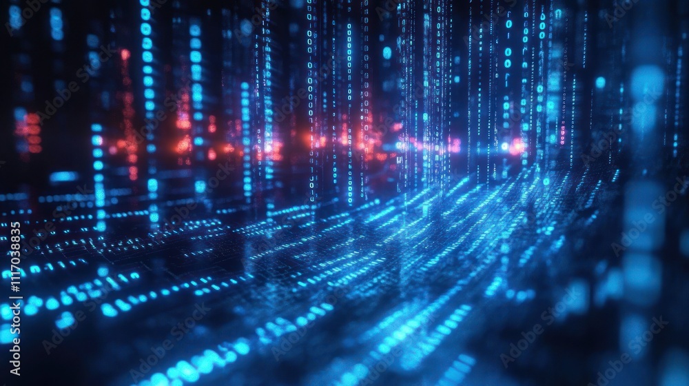 Aufkleber futuristic digital landscape with glowing blue binary code streams in cyberpunk style