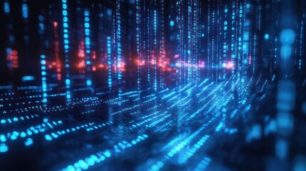 Futuristic Digital Landscape with Glowing Blue Binary Code Streams in Cyberpunk Style