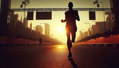 A marathon runner crossing the finish line, silhouette, action photography, aesthetics,