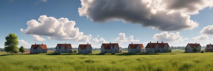 Obraz premium A sunny day in a rural field with a few houses and a light cloud cover, fields, farm