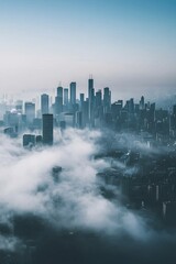 Fototapeta premium Foggy cityscape revealing skyscrapers urban setting aerial view morning light metropolis concept for seo impact