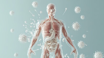 Holographic anatomy concept illustration of human body threatened by virus