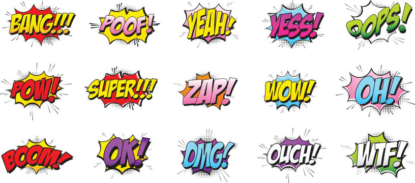 Set of Comic speech bubbles halftone dot background. Comic effect shape with pop art style. Comic surprise, attention and inspiration effect. Vector illustration isolated on white background