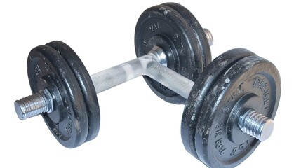 Naklejka premium Barbell Isolated on White Background, Standing Alone as a Symbol of Strength and Fitness, Ready for Use.