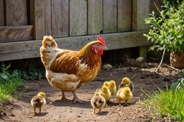 A mother hen and her chicks wandering around a quaint farmyard, with the chicks inquisitively pecking at the earth.