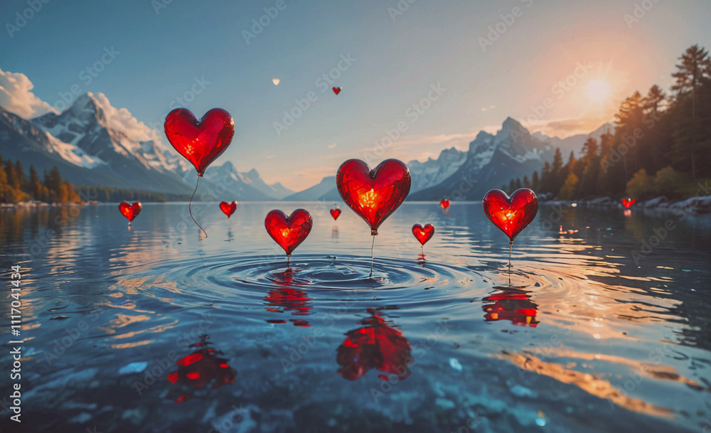 Poster group of red balloons floating in the water. there are five balloons in total. the balloons are scat