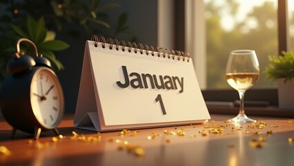 Minimalist January 1 calendar on a wooden surface with soft light, golden confetti, and a champagne glass. A fresh start for the New Year.