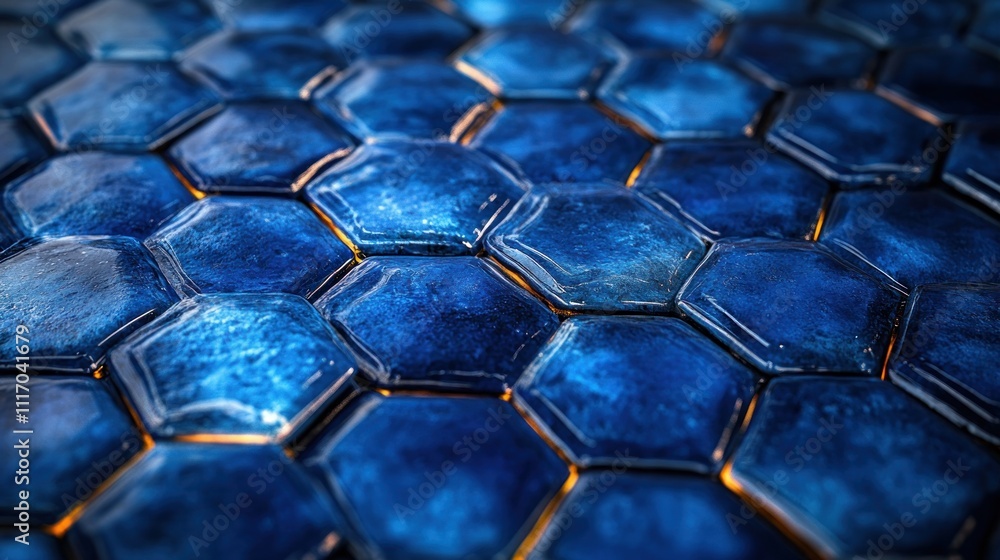 Aufkleber abstract hexagonal glossy tiles in blue shades with texture and depth reflection