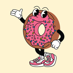 Donut retro mascot with hand and foot. Donut and Fast Food Retro vintage mascot cartoon stickers with funny comic characters and gloved hands.