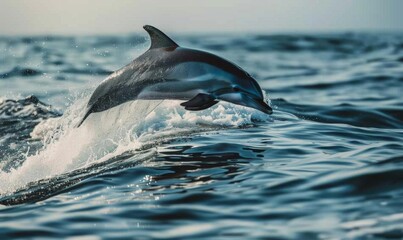 Fototapeta premium A dolphin leaps from the ocean's surface, showcasing its agility.