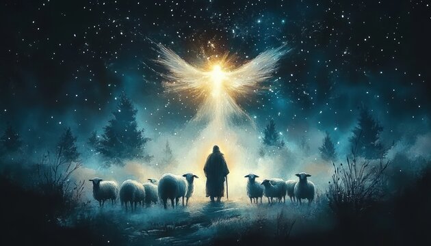 Shepherds and Sheep Under a Starry Sky with Glowing Angel Illuminating the Night Field