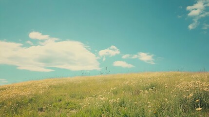 Rolling green hill with wildflowers under a blue sky with fluffy clouds.