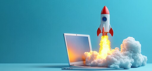 Rocket Ship Launching from Laptop Innovative Technology Concept