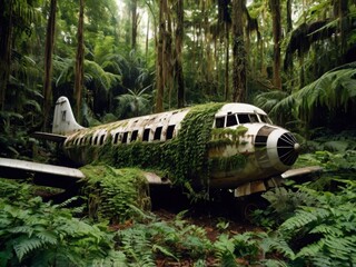 A plane abandoned in a jungle, surrounded by ferns, ivy, and intertwined tree roots.
