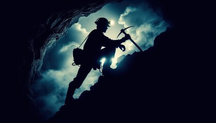 A miner with a helmet and pickaxe underground, silhouette, action photography, aesthetics,