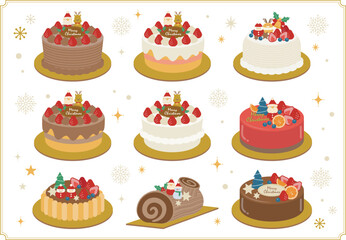 かわいいクリスマスケーキイラストセット_背景なし