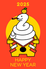 白ヘビの鏡餅　赤背景　年賀状素材