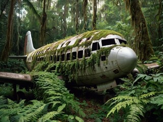 An abandoned airplane in a rainforest, overgrown with ferns, ivy, and tree roots.