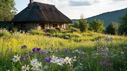 Fototapeta premium A picturesque thatched cottage surrounded by vibrant wildflowers.