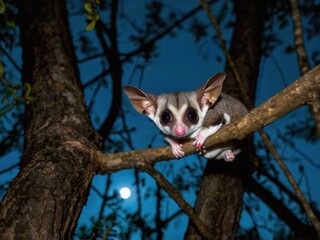 An adorable sugar glider sitting on branches under a moonlit forest, with its big eyes glowing softly in the dark