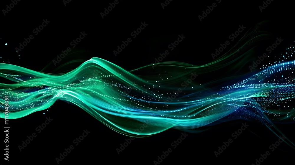 Aufkleber digital flow: blue and green lights form flowing, curving lines, with bright points of light darting