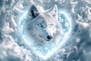 Obraz premium Majestic White Wolf Encased in Radiant Opal Heart Artwork