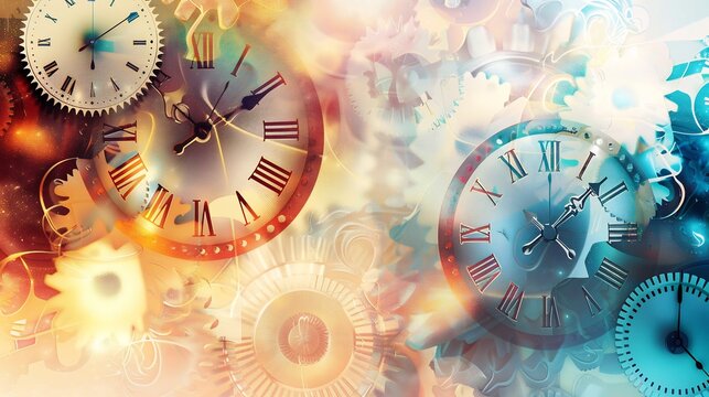 Abstract representation of time with clock faces and gears fading into color gradients